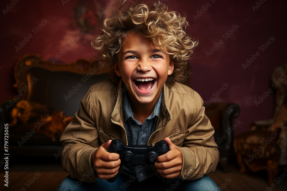 Poster generative ai image of funny gamer in headphones and playing online game on pc computer