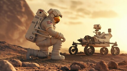 Astronaut and Mars rover on the red planet Mars. The concept of colonization of Mars - obrazy, fototapety, plakaty