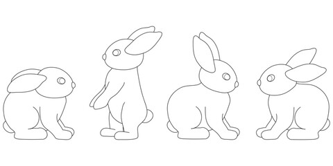 Set of cute bunnies on white background. Cartoon vector illustration for coloring book. Black and white.