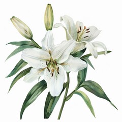 Watercolor lily clipart with elegant white petals and green stems
