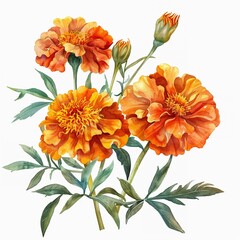Watercolor marigold clipart with orange and yellow blooms