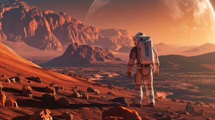 Astronaut conquer Mars. The concept of colonization of Mars