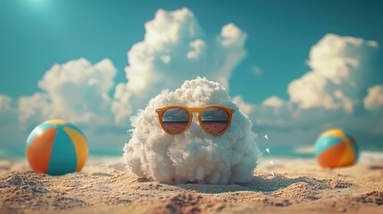 Fototapeta na wymiar Whimsical Cloud in Summer Seascape with Sunglasses and Beach Ball Playful and Imaginative Coastal Scenery
