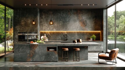 Elevate your kitchen to new heights of style with this stunning design, featuring dark green walls that exude sophistication and elegance.