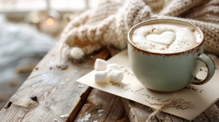 a steaming cup of white hot chocolate decorated with marshmallows and a delicate white chocolate heart. The cup sits on a rustic wooden table next to a handwritten card expressing gratitude