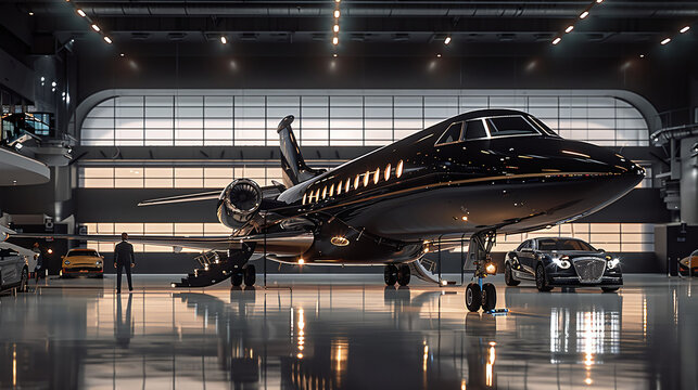 luxury black and gold private jet at millionaire hangar, expensive cars, private flights and transportation
