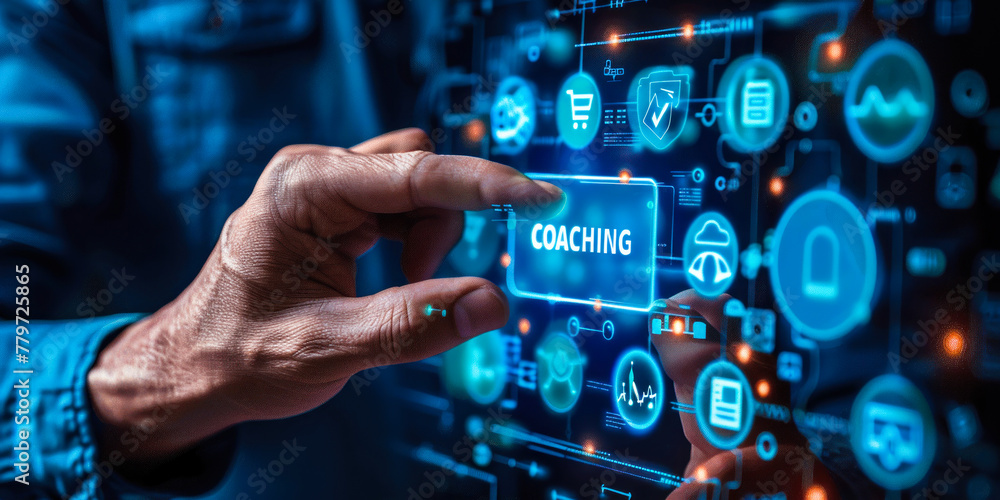 Poster professional selecting coaching service on interactive virtual screen interface with various busines