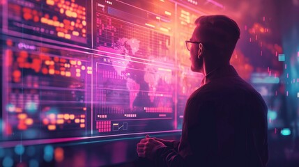 Man Analyzing Data on Futuristic Interface Screens