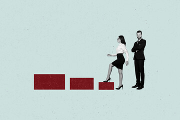 Composite photo collage of two colleagues girl step up career ladder chief guy stand smile forward success isolated on painted background
