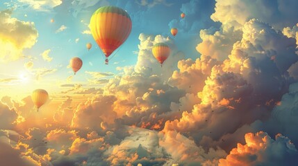 Colorful Hot Air Balloons Floating Amidst Dramatic Clouds and Vibrant Sunset Sky Awe Inspiring Aerial Landscape Scene of Adventure and - obrazy, fototapety, plakaty
