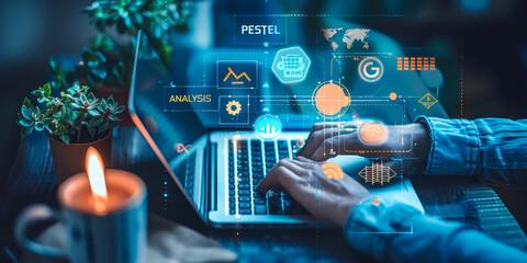 Professional Conducting PESTEL Analysis Using a Laptop with Interactive Graphical Icons for Strategic Business Planning