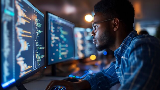 Programmer Focused on Complex Code at Night