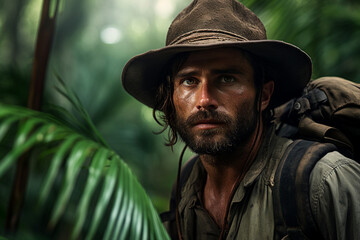 Obraz premium AI generated photography of handsome man tourist in the green jungle forest