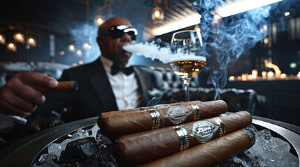 wealthy black man smoking habanos and drinking expensive whiskey, luxury lifestyle, millionaire, black and gold colors