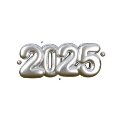 Happy New 2025 Year. Chrome metallic inflated numbers 2025 isolated on transparent background. Realistic 3d render sign. Festive poster or banner design.