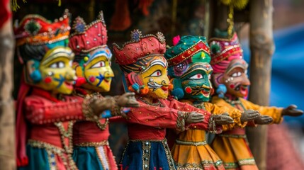 A traditional Indian puppet show taking place during Holi. The puppets are adorned with Holi colors.