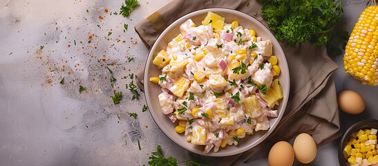 Chicken and pineapple salad with corn, cheese, eggs and onions, dressed with mayonnaise close-up, in a plate on the table
