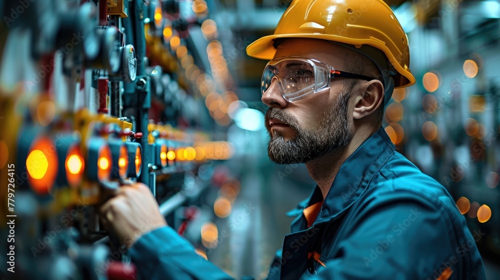 Poster Engineer working inside a bustling factory with essence of modern industrial automation. The factory floor is lined with various electrical panels and machines. Generative AI.