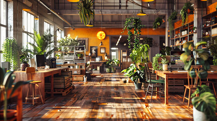 Stylish Modern Room with Elegant Furniture and Green Plants, Contemporary Interior Design with Wooden Elements and Natural Light