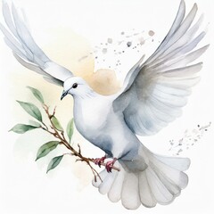 Biały lecący gołąb z gałązką oliwną ilustracja - 779726454