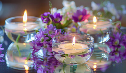 Arrangement of floating candles in glass candlesticks decorated with fresh spring flowers - obrazy, fototapety, plakaty