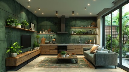 Prepare to be impressed by this kitchen's sleek lines, modern appliances, and captivating dark green walls that redefine the concept of modern living. - obrazy, fototapety, plakaty