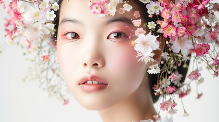 A captivating beauty portrait of a Chinese girl with flowers delicately arranged on her head, set against a pristine white background.