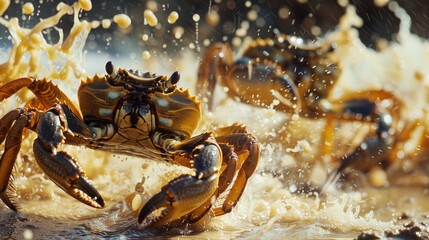 Lively Crabs Scurrying Across Sun Kissed Coastal Sand - obrazy, fototapety, plakaty