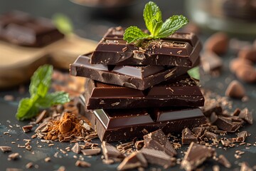 Crushed chocolate pieces and mint leaves