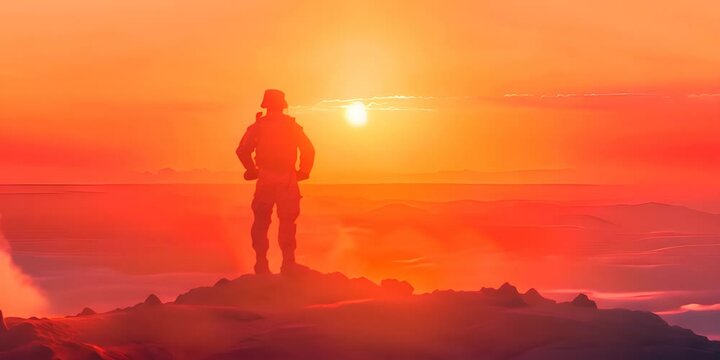 Silhouette Of A Solider Against the Sunrise in desert . Concept - armed forces of Egypt. Egypt celebration. Greeting card for Independence day, Memorial Day, Armed forces day 4K Video