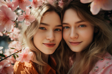 Fototapeta premium Happy people enjoying beautiful spring day park trees blossom city view Generative AI illustration