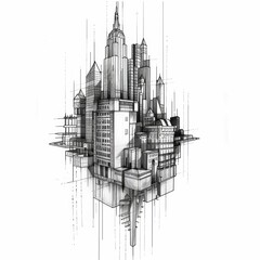 Architectural sketch of a building or structure rendered in linework tattoo design