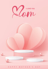 Mother's day poster for product demonstration. White pedestal or podium with hearts on pink background.