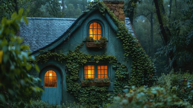 A small, arched window peeks out from the ivy-covered cottage.