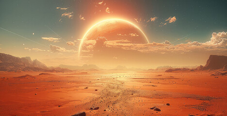 Mars landscape in the foreground, futuristic style, red and orange colors. Generative AI.