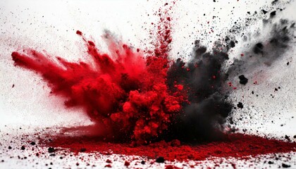 Abstract explosion of red and black charcoal powder, isolated splatter on white background.