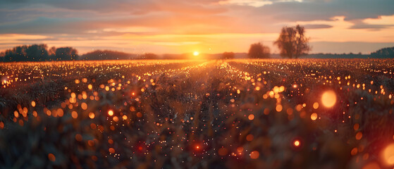 A beautiful sunset scene with sparkling sunset-colored crops growing. - obrazy, fototapety, plakaty