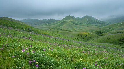 Misty Green Hills Covered in Vibrant Wildflowers in Serene Pastoral Landscape