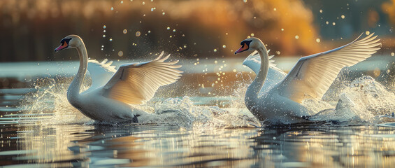 Vibrant scene of only two beautiful pure white swans are powerfully running on the very clean mirror like surface of lake before take off. The water splash left behind them. Generative AI.