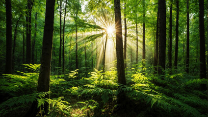 a lush, verdant forest bathed in the warm, radiant glow of the sun's rays filtering through the canopy