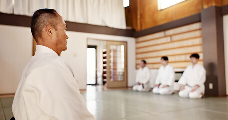 Japanese, men and aikido practice dojo or professional discipline, martial arts or black belt....