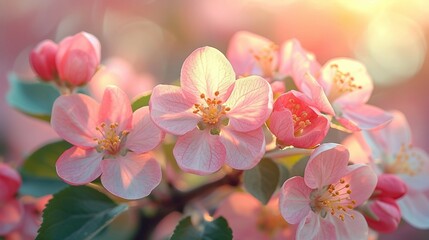 A close-up of apple tree blossoms, highlighting the intricate details of the flowers. AI generate illustration