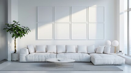 a wall with blank white portrait frames and modern white color interior design and furniture
