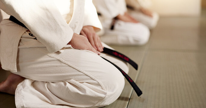 Hands of students, bow or men in dojo to start practice, discipline or self defense education in Japan. Black belt master, people learning respect or ready in fighting class lesson or aikido training