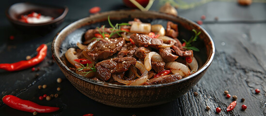 A ceramic bowl filled with a delicious mixture of cooked meat and chopped onions to create a mouth-watering dish.