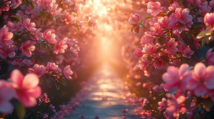 A path lined with apple tree blossoms, creating a charming and picturesque scene. AI generate illustration