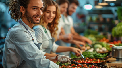 A healthcare team attending a cooking class together, learning new recipes and techniques for healthy meals. Generative AI.