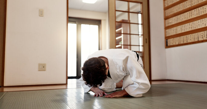 Aikido student, man or bow in dojo for training practice, discipline and black belt in class. Respect, greeting and Japanese person on floor with traditional gesture, culture and martial arts in gym.
