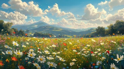 Serene Meadow Abloom with Vibrant Wildflowers Framed by Majestic Mountains and Dramatic Skies