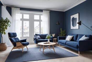 Obraz na płótnie Canvas Serene Symphony: A Living Room Ode in Blue. Generative AI